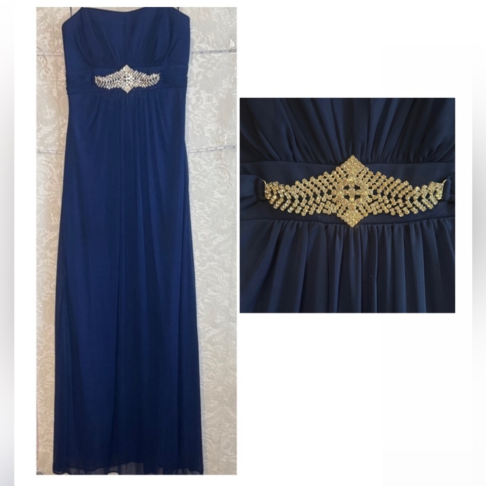 Vintage Y2K Fiesta Navy Blue Strapless Formal Maxi Gown w/ Rhinestone Waist Med
